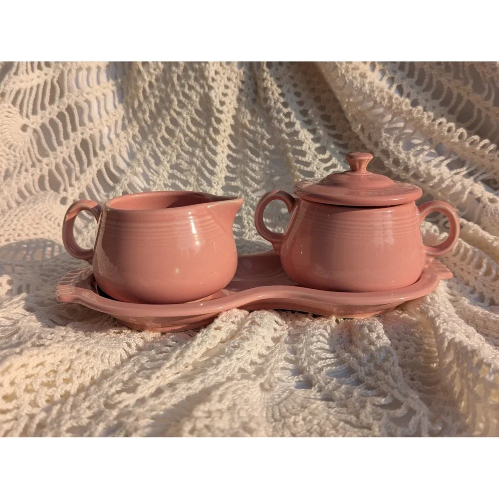 Fiesta Rose Cream and Sugar Set with Tray Vintage 1980s Homer Laughlin Rose